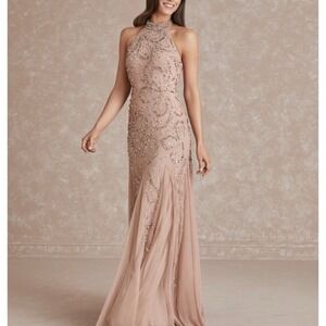Adrianna Papell Platinum Style No. 40284 Embellished Halter Neck Gown Taupe 12